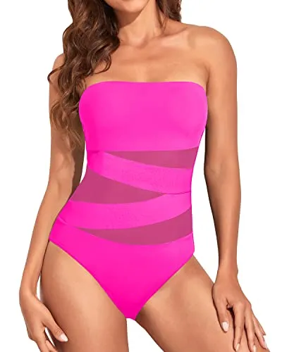 Ruched Tummy Control One Piece Swimsuits Strapless Bandeau Bathing Suits-Neon Pink