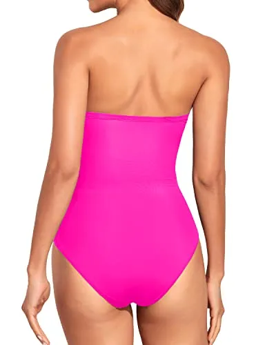 Ruched Tummy Control One Piece Swimsuits Strapless Bandeau Bathing Suits-Neon Pink
