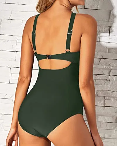 Ruched Waistband One Piece Tummy Control Bathing Suit-Army Green