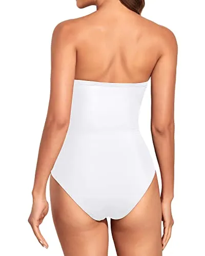 Ruched Women One Piece Bathing Suits Strapless Bandeau Swimwear-White