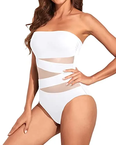 Ruched Women One Piece Bathing Suits Strapless Bandeau Swimwear-White