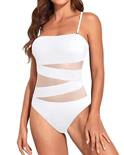 Ruched Women One Piece Bathing Suits Strapless Bandeau Swimwear-White