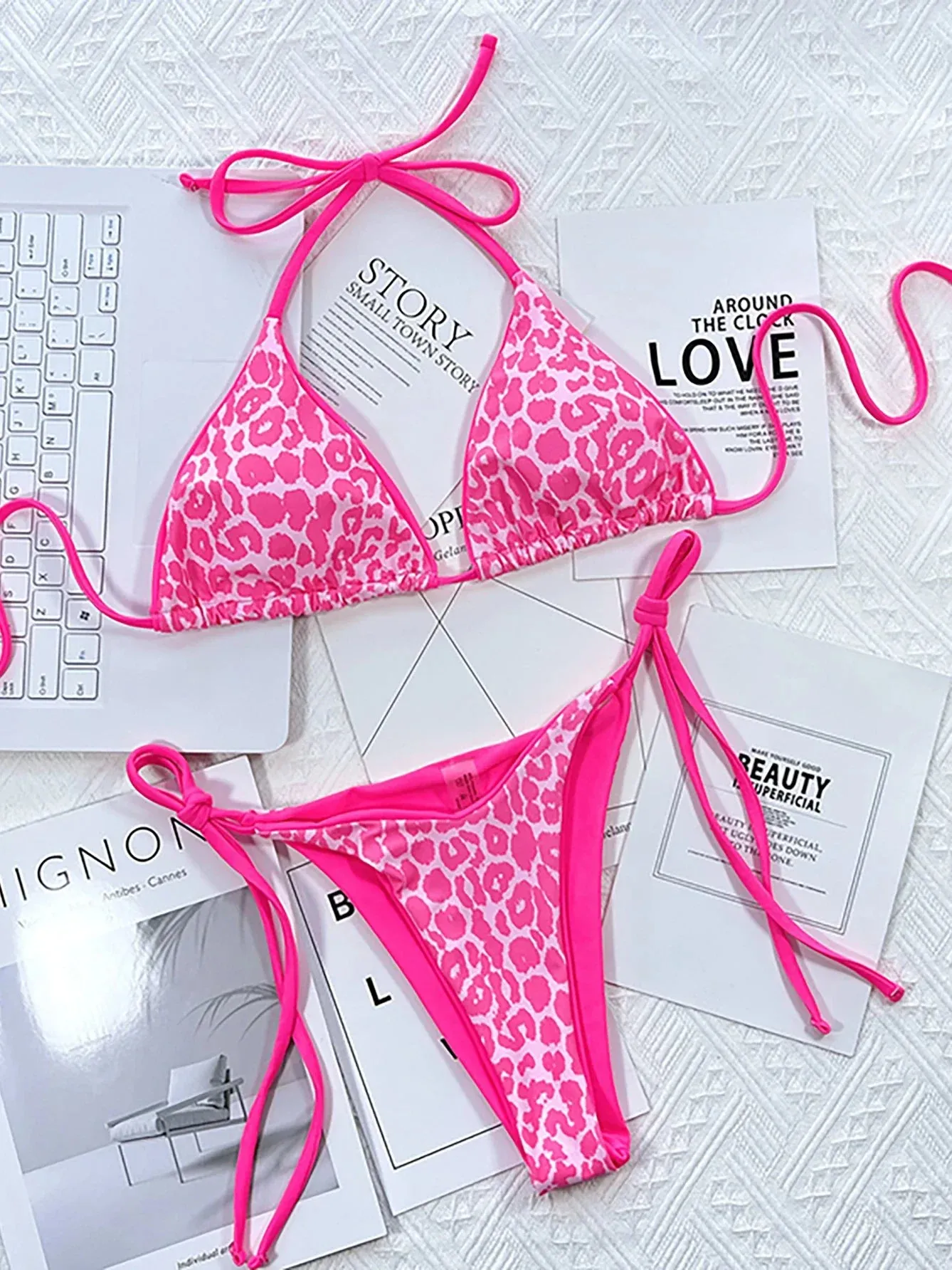 Sexy Leopard Lace Up Thong Bikinis Set