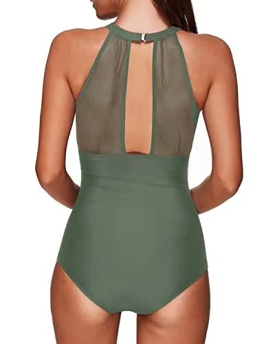 Sexy One Piece High Neck Mesh Ruched Monokini Swimsuit For Women-Olive Green