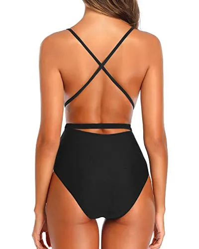 Sexy One Piece Swimsuits Plunge V Neck Snake Skin Bathing Suits-Black