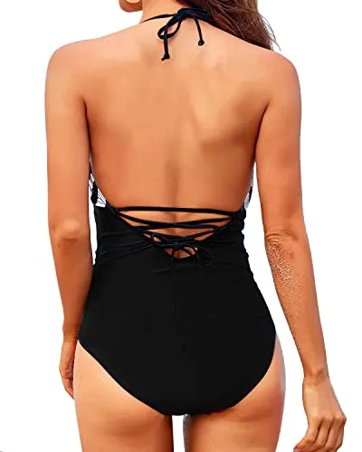 Sexy Women's V Neck One Piece Swimsuit Tummy Control Halter Swimwear-Black And White Stripe