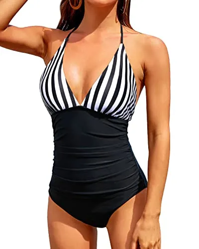 Sexy Women's V Neck One Piece Swimsuit Tummy Control Halter Swimwear-Black And White Stripe