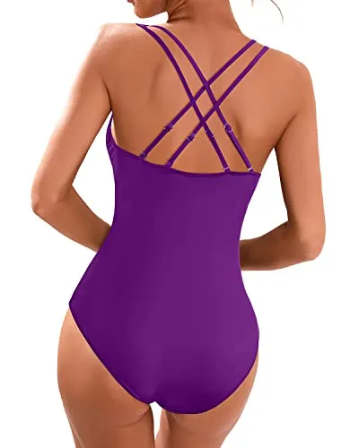 Slimming One Piece Swimsuits Tummy Control V Neck Bathing Suit-Purple