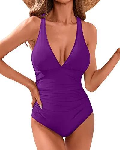 Slimming One Piece Swimsuits Tummy Control V Neck Bathing Suit-Purple