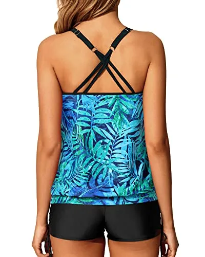 Slimming Push Up Padded Bra Blouson Tankini Swimsuit Shorts-Dark Blue Green Leaves