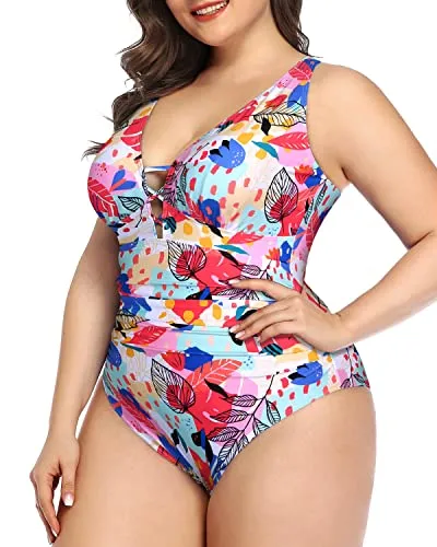 Slimming Ruched Detail Plus Size Deep V Neck One Piece Swimsuit-Colorful Leaves