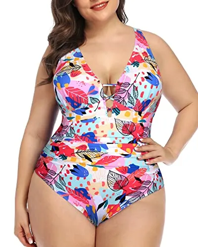 Slimming Ruched Detail Plus Size Deep V Neck One Piece Swimsuit-Colorful Leaves