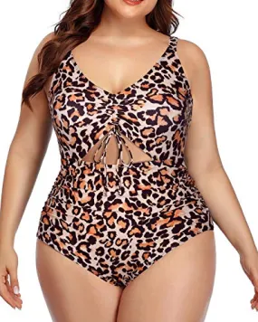 Slimming V Neck Monokini Bathing Suit For Curvy Women-Leopard