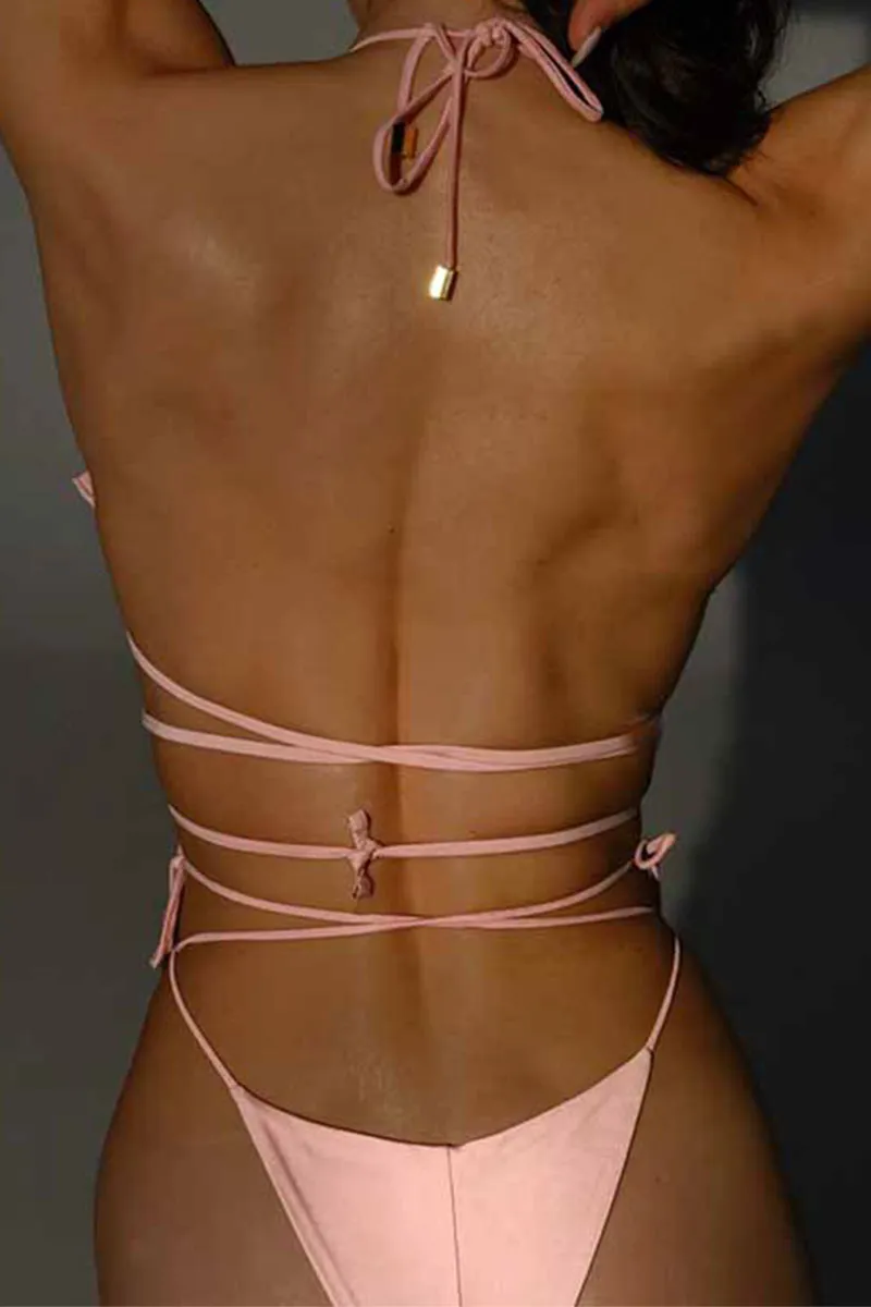 Solid Color 3D Flower Decor Chic Strappy Bikini