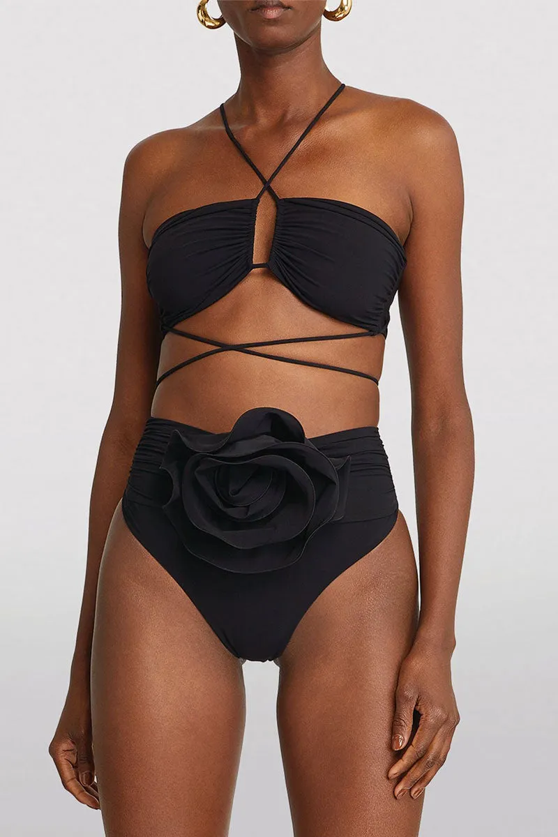 Solid Color Strappy Unusual 3D Flower Decor Bikini