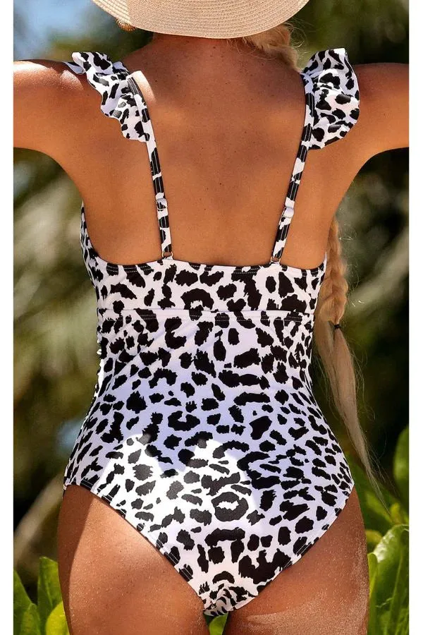 Solid V-Neck Ruffled Ruched One-piece Swimsuit