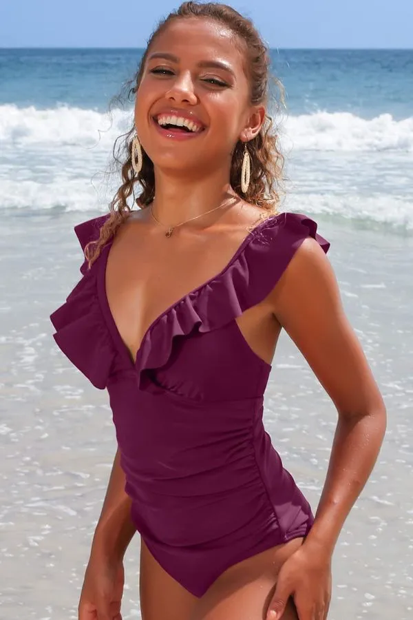 Solid V-Neck Ruffled Ruched One-piece Swimsuit