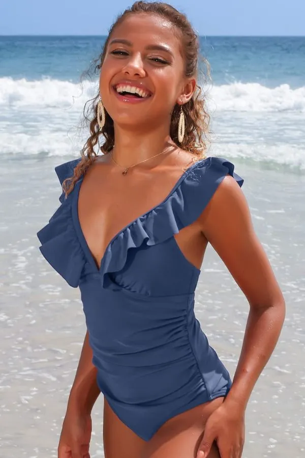 Solid V-Neck Ruffled Ruched One-piece Swimsuit