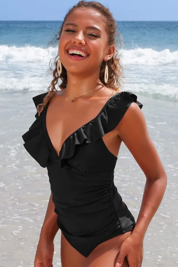 Solid V-Neck Ruffled Ruched One-piece Swimsuit
