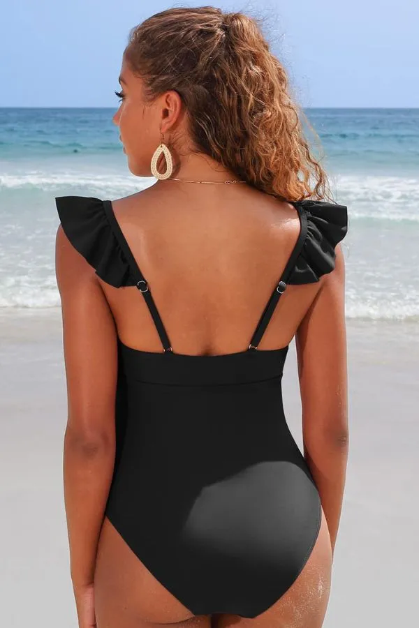 Solid V-Neck Ruffled Ruched One-piece Swimsuit