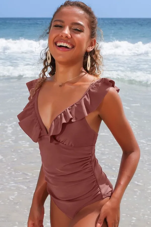 Solid V-Neck Ruffled Ruched One-piece Swimsuit