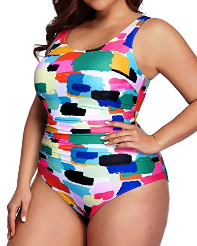 Sporty Scoop Neck Backless Plus Size One Piece Swimwear-Aqua