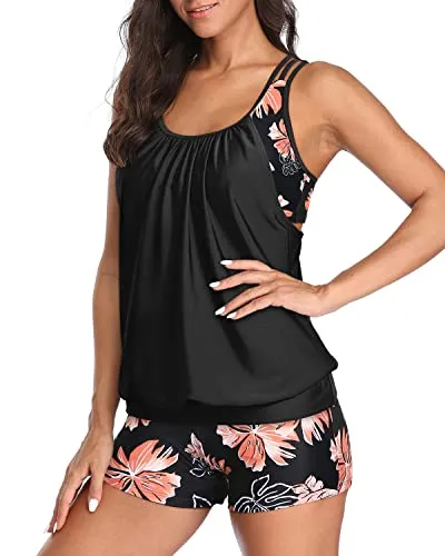 Sporty Tummy Control Boyshorts Tankini Swim Top Athletic Two Piece Swimsuits-Black Floral
