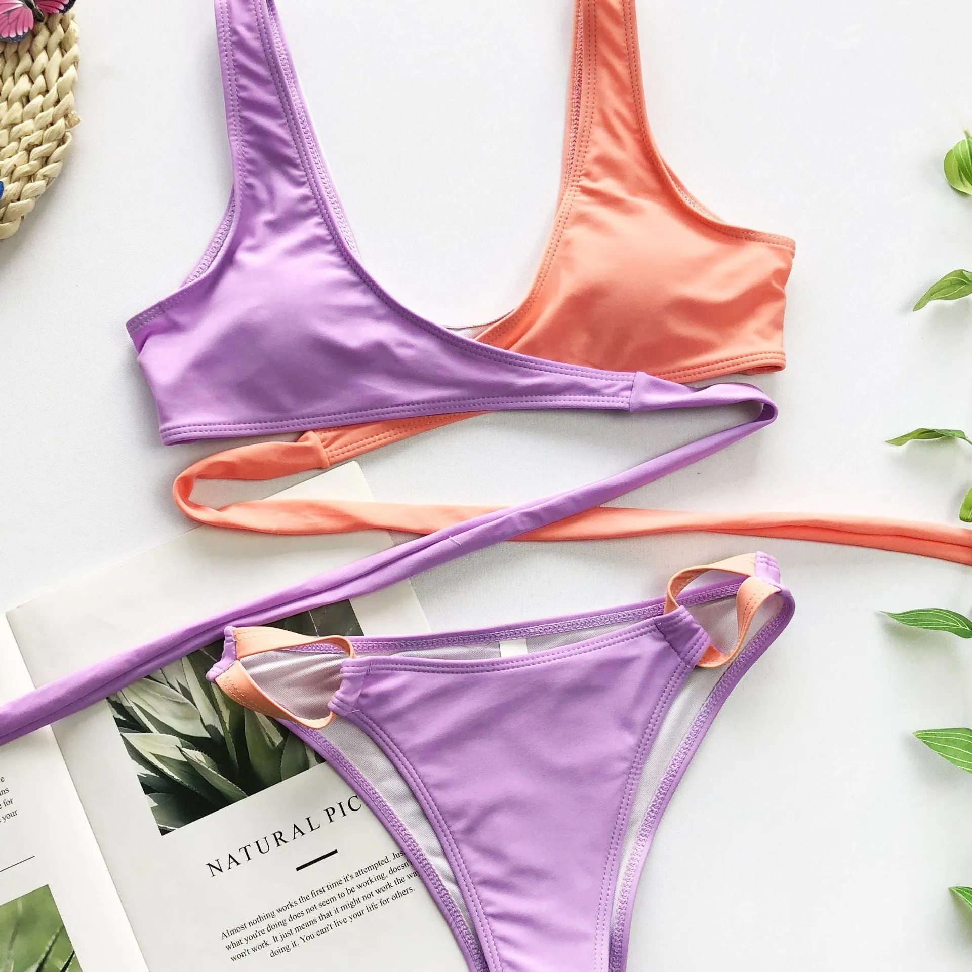 Strappy Colorblock Low Rise Thong Bottom Bikinis