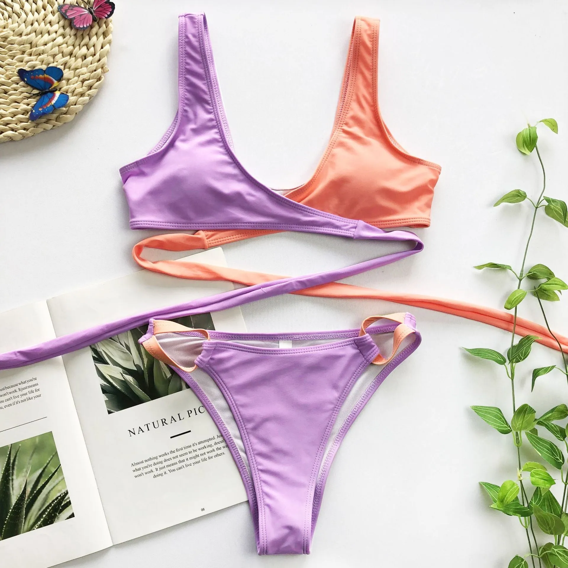 Strappy Colorblock Low Rise Thong Bottom Bikinis