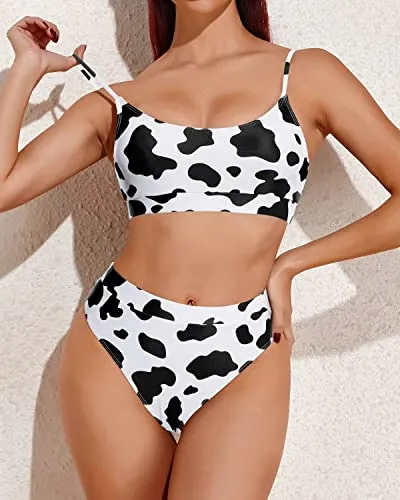 Stylish High Waisted Swimsuits Sporty Scoop Neck Bikini Set for Women