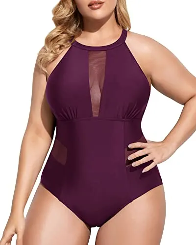 Stylish Open-Back Plus Size One Piece Swimsuit For Curvy Women-Maroon
