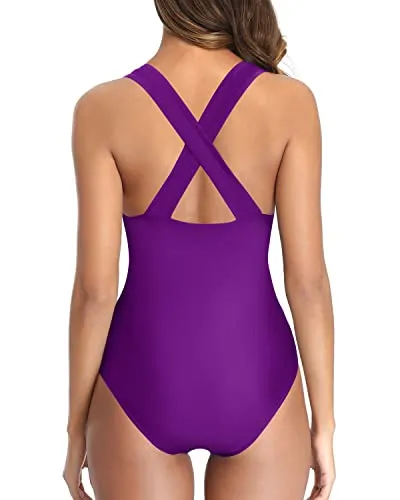 Sultry And Sexy Criss-Cross Back One Piece Swimsuits-Purple