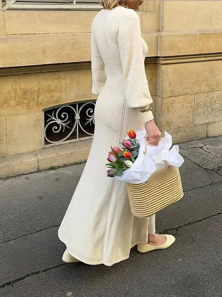 TAVIMART  -  Autumn Fashion Solid Hollow Slim Knitted Long Dress Chic V Neck Lantern Full Sleeves Maxi Dresses Elegant Lady Street Robes