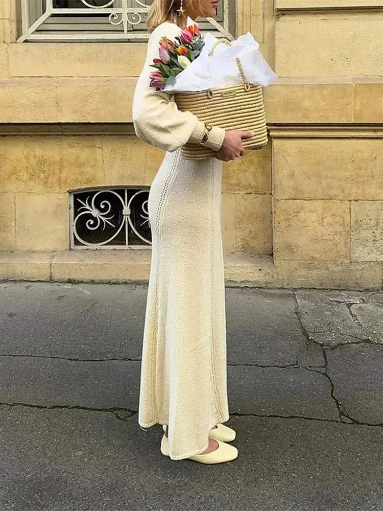TAVIMART  -  Autumn Fashion Solid Hollow Slim Knitted Long Dress Chic V Neck Lantern Full Sleeves Maxi Dresses Elegant Lady Street Robes