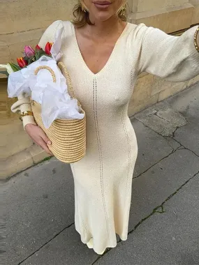 TAVIMART  -  Autumn Fashion Solid Hollow Slim Knitted Long Dress Chic V Neck Lantern Full Sleeves Maxi Dresses Elegant Lady Street Robes