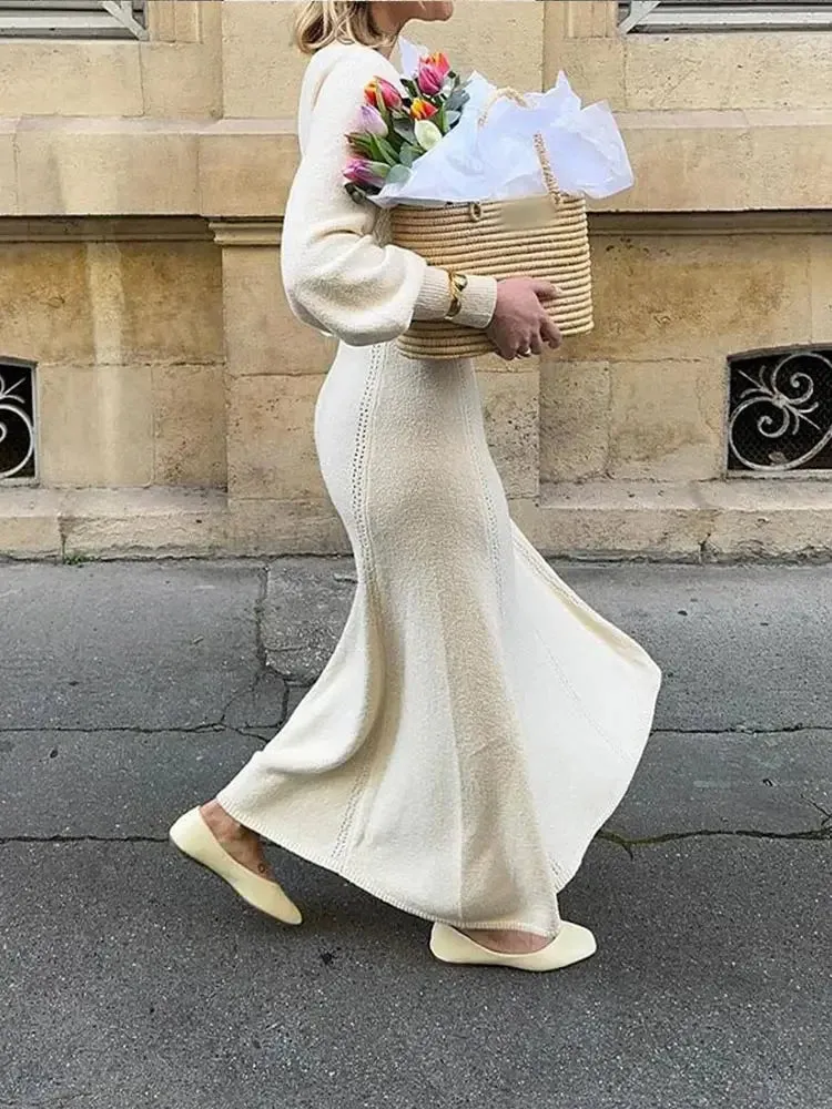 TAVIMART  -  Autumn Fashion Solid Hollow Slim Knitted Long Dress Chic V Neck Lantern Full Sleeves Maxi Dresses Elegant Lady Street Robes