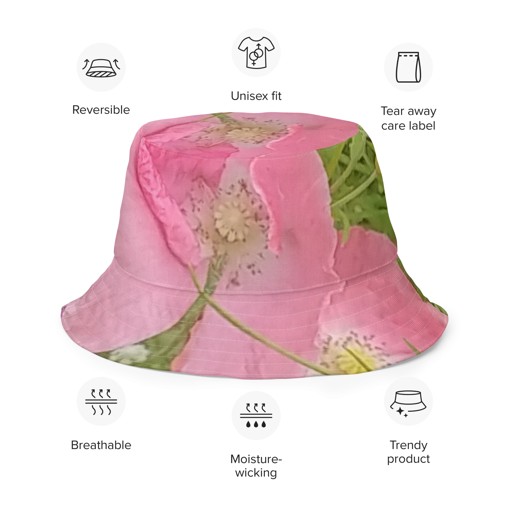 The FLOWER LOVE Collection - "Pretty Pink Poppies" Design Premium Reversible Bucket Hat - Pink Inside - Beach Hat, Gifts for Her