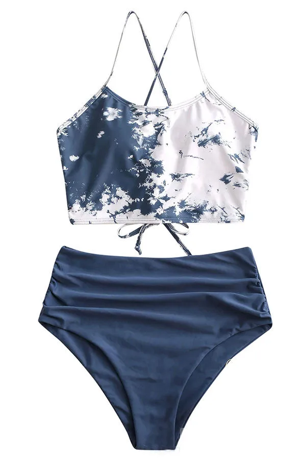 Tie Dye Stylish Back Lace-Up High Waist Bikini