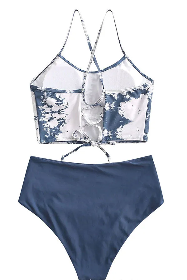 Tie Dye Stylish Back Lace-Up High Waist Bikini