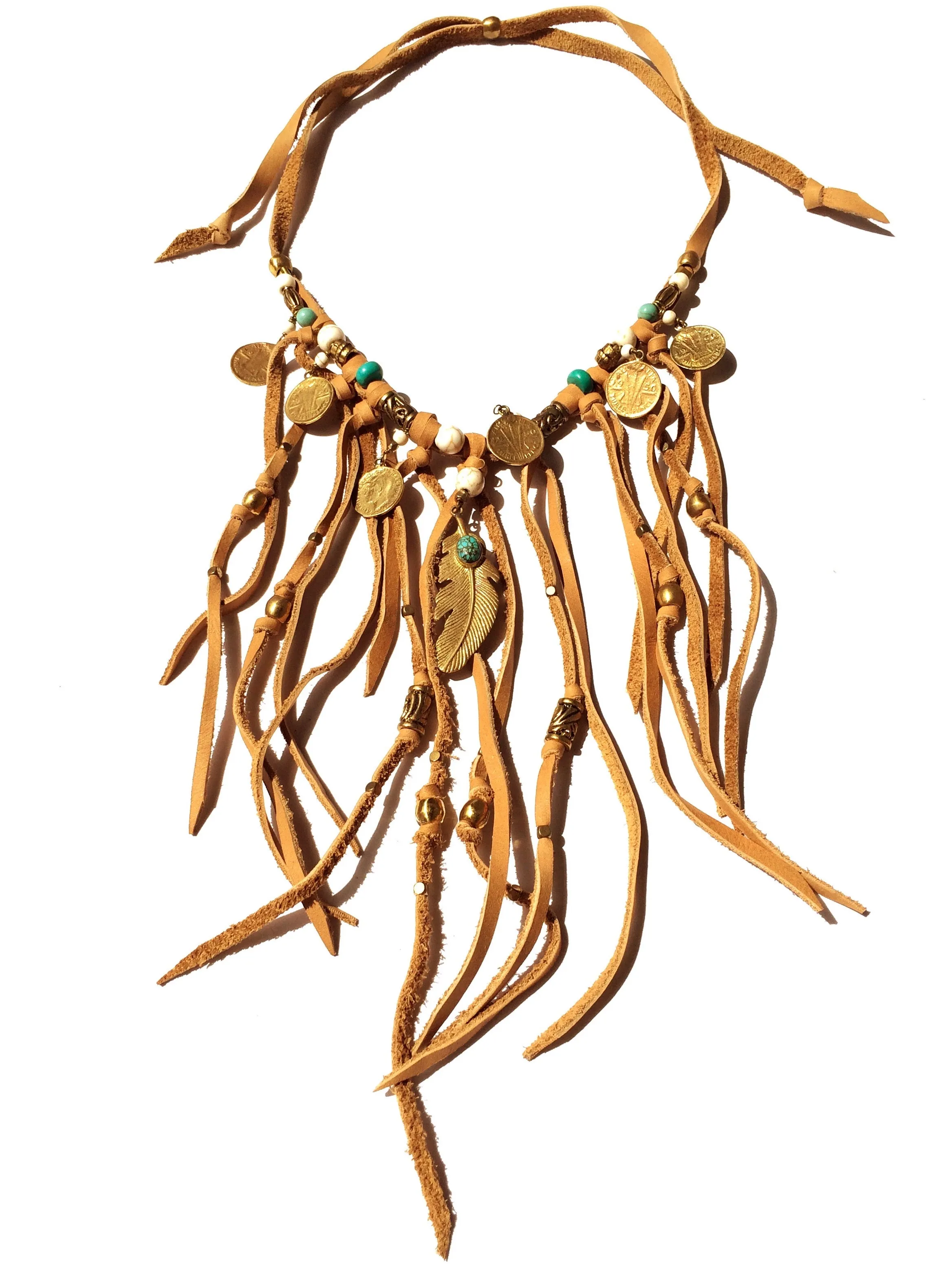 Tribal Boho Jewellery Suede Fringe Feather Necklace with Turquoise