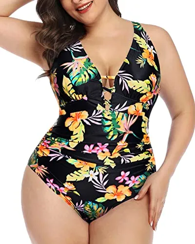 Tummy Control One Piece Swimsuit Ruched Detail For Women-Black Yellow Flower