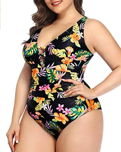 Tummy Control One Piece Swimsuit Ruched Detail For Women-Black Yellow Flower