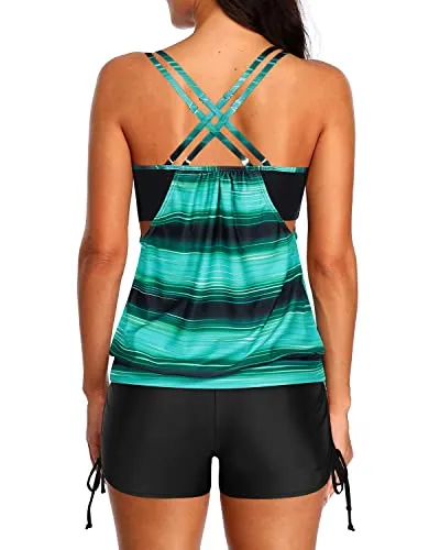 Two Piece Tankini Bathing Suits Blouson Swim Tank And Full Coverage Boy Shorts-Green Black Stripes