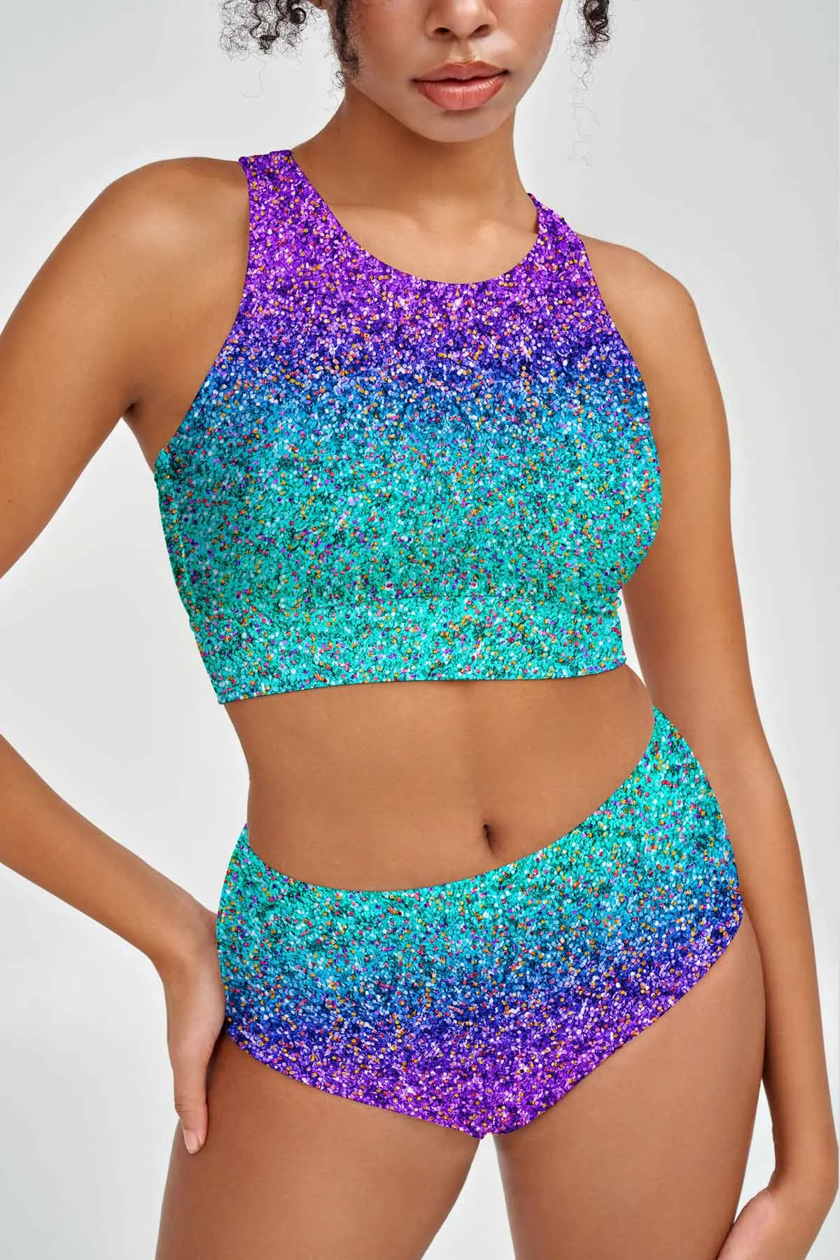 Ultraviolet Purple Mint Cute Two-Piece Sporty Swimsuits - Mommy and Me
