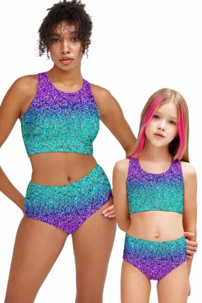 Ultraviolet Purple Mint Cute Two-Piece Sporty Swimsuits - Mommy and Me