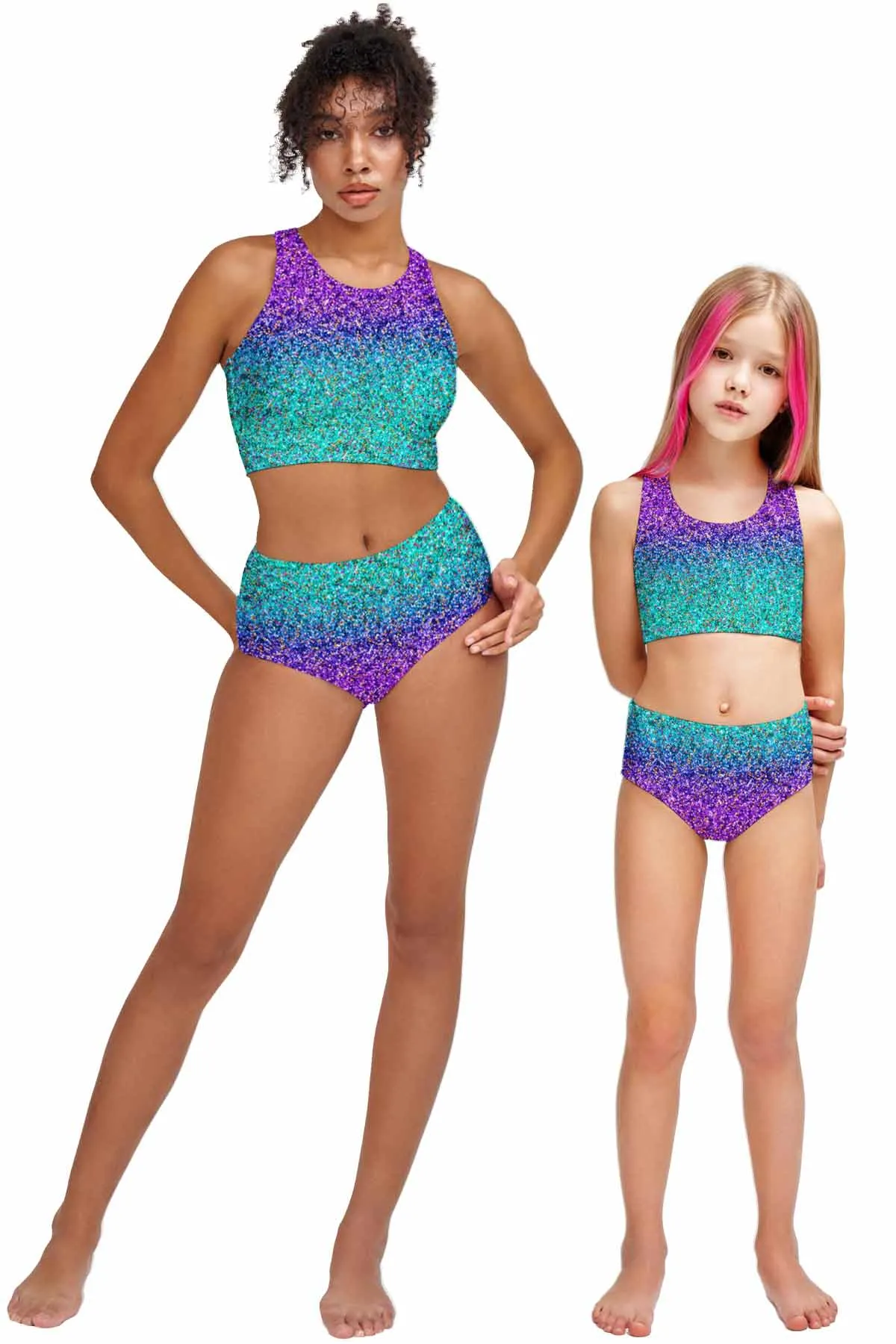 Ultraviolet Purple Mint Cute Two-Piece Sporty Swimsuits - Mommy and Me