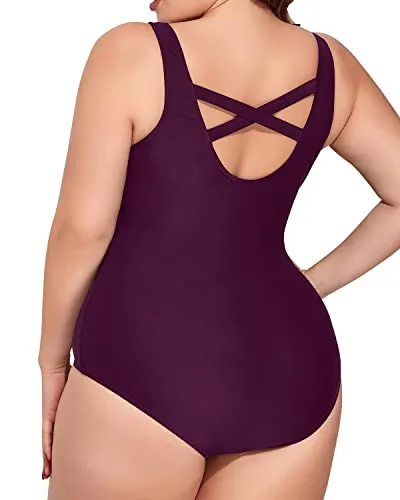 Unique Plus Size One Piece Swimsuit With Tummy Control For Women-Maroon