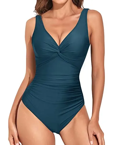 V Neck Retro Bathing Suit Twist Front Monokini Slimming Swimsuit-Teal