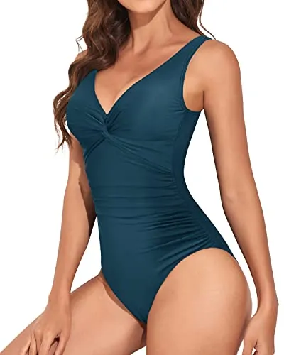 V Neck Retro Bathing Suit Twist Front Monokini Slimming Swimsuit-Teal