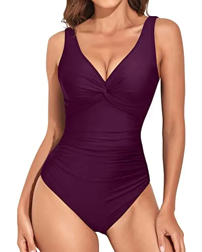 Vintage V Neck Monokini Tummy Control Slimming One Piece Swimsuit-Maroon